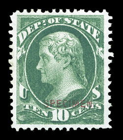 O62S-D, 10c State special printing, with carmine Specimen overprint, without gum as issued, unusually well centered within particularly wide margins, strong color and
impression on fresh paper, extremely fine one of the finest of the 346 so