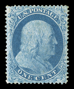 18, 1c Blue, Ty. I, position 86R12, an exceptionally handsome mint example, possessing far better centering than normally encountered for this scarce and difficult type, showing
virtually complete plumes and scrolls at bottom, deep characteristi