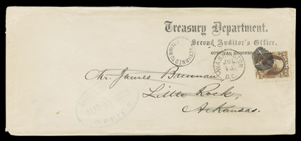 O75, 6c Treasury, centered just into perfs. at left, tied to clean 1873 legal size cover with Treasury DepartmentSecond Auditors Office imprint by circular segmented cork
cancel, with clear Washington, D.C.Jul 10 c.d.s. to left, this date