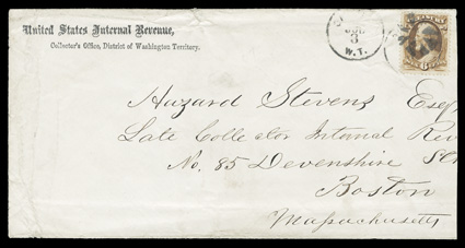 O75, 6c Treasury, nicely centered single, tied to legal size cover with United States Internal Revenue imprint by circle of Vs postmark, with matching Olympia, W.T (Washington
Territory)Jul 3 c.d.s. to left, addressed to Boston, Mass., 1