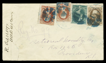 O75, 6c Treasury, fine single, along with 3c Green (158) and two 2c Vermilion (178) tied to canary colored registered cover by blue segmented cork cancels and by faint matching
Providence, R.I. c.d.s., addressed locally, manuscript R. Oct. 31