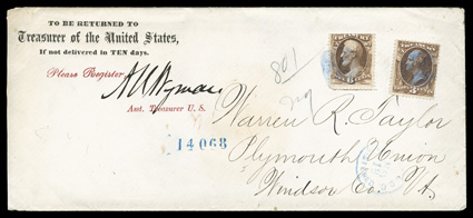 O75, O74, 6c Treasury, along with 3c Treasury, used together on attractive legal size Treasurer of the United States imprinted registered cover to Plymouth Union, VT, tied by
light blue cork postmarks, light matching Washington, D.C.May 18R