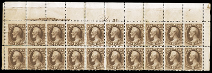 O110, 6c Treasury on soft porous paper, a showpiece top sheet-margin imprint and plate No. 51 block of twenty, being the first two rows of the sheet, deep rich color and
impression, o.g., a number of stamps are n.h., some hinge reinforcing of