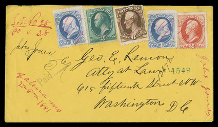 O110, 6c Treasury on soft porous paper, used on an eye-appealing registered canary colored cover to Washington, D.C., along with two 1c Blue (182), a 2c Vermilion (183) and a
3c Green (184), each cancelled by four red pen strokes, with matchi
