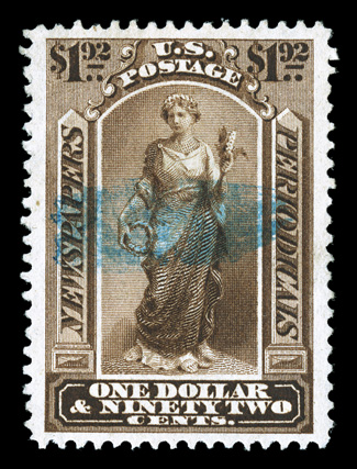 PR24, $1.92 Dark brown, a fabulous used example of this stamp, being extraordinarily well centered within incredibly wide margins, plus its color is deep and luxuriant, while
the impression is high detailed, light blue brush stroke cancel, extre