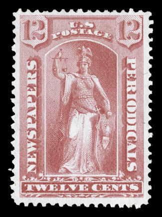 PR40, 12c Rose special printing, without gum as issued, an incredibly choice example of this very scarce stamp, being in far superior quality to the vast majority of known
copies, wonderfully well centered amid uncharacteristically large margins