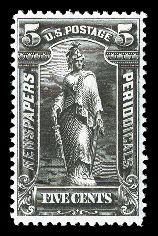 PR104, 5c Black, well centered, exceptionally bright and fresh, o.g., n.h., very fine 2002 PF certificate for a strip of three, this being the middle stamp, and a 2005 PSE
certificate for the single.