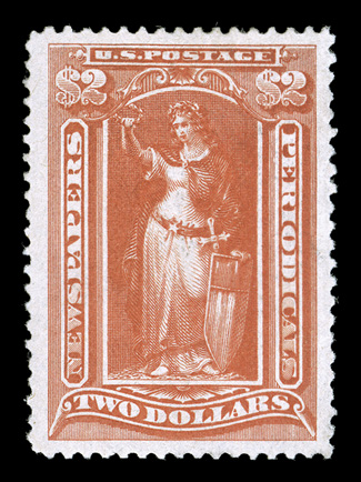 PR108, $2.00 Scarlet, a stunning mint single that we believe is the finest centered and margined PR108 in existence, as it possesses flawless centering amid lavishly large
margins all around, plus its color is radiant rich and its impressio