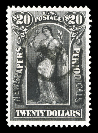 PR123, $20.00 Slate, gem used example, especially well centered within lavish margins all around, deep intense color and impression on fresh paper, light L in circle cancel,
extremely fine any used copy of this newspaper stamp is elusive, but