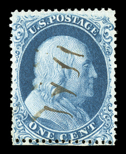 19, 1c Blue, Ty. Ia, position 93L4, used, with deep luxuriant color and a highly detailed impression on bright paper, scissor cut outside the perfs. to show the complete design,
neat ms. cancel, a few nibbed perfs. at bottom left, otherwise a fi