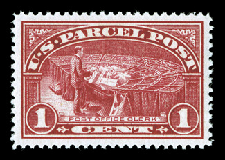 Q1, 1c Parcel Post, a stunning mint single, featuring magnificent centering within extravagantly large margins, but even more impressive is the stamps spectacular color, being
incredibly deep and intense, as well as an impression that would riv
