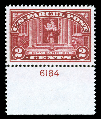 Q2, 2c Parcel Post, an incredibly handsome and choice bottom margin plate no. 6184 single, beautifully centered within extravagantly large margins, gorgeous radiant color and a
vivid impression, o.g., n.h., an extremely fine gem in every regard
