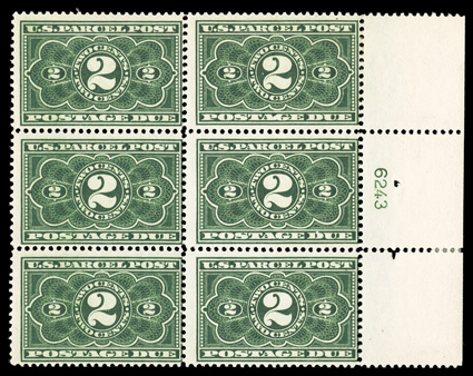 JQ2, 2c Dark green parcel postage due, scarce full right margin plate no. 6243 block of six, strong color, o.g., lightly hinged, vertical gum skip line in left stamps,
fine.