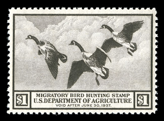 RW3, 1936 $1.00 Brown black, exceptionally well centered and margined, quite fresh, pristine o.g., n.h., extremely fine 2006 PF certificate.