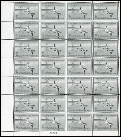 RW23, 1956 $2.00 Black, full bottom left corner plate no. 165829 pane of 28, excellent centering nearly throughout, fresh and intact, o.g., n.h., fine to extremely
fine.