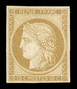 1, 1850 10c Bister on yellow, select mint single, mostly large margins to well clear at bottom, strong color and impression on fresh paper, o.g., minor h.r., very fine (Yvert 1
Ç2,200).