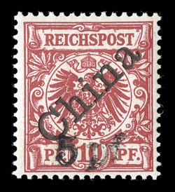 16a, 1900 10pf Carmine, with diagonal China overprint at a 45 degree angle and handstamped 5pf surcharge, an extraordinarily fresh mint example of this scarce stamp, nicely
centered, deep rich color, o.g., never hinged, very fine signed