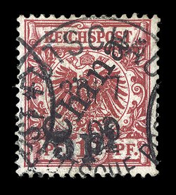 Michel 7 II DD, 1900 10pf Carmine, with diagonal China overprint at a 56 degree angle and 5pf handstamped surcharge, double surcharge, a lovely example of this rarity, showing
both surcharges nearly coincident, used with bold strike of Futs