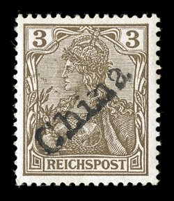 17, 1900 3pf Brown, with diagonal China handstamped overprint, fresh and well centered, o.g., minor h.r., very fine and scarce signed Bloch and Senf (Michel 8
Ç750).