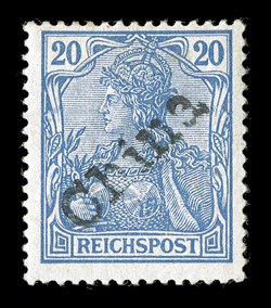 20, 1900 20pf Ultramarine, with diagonal China handstamped overprint, fresh and bright, o.g., l.h., fine and scarce signed Jakubek and accompanied by a 1956 BPA certificate
(Michel 11 Ç1,000).
