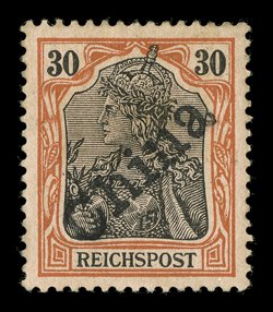 21, 1900 30pf Orange and black on salmon, with diagonal China handstamped overprint, a beautifully centered mint example of this rare stamp, being almost perfectly centered
within balanced margins, vivid rich colors on fresh paper, o.g. which