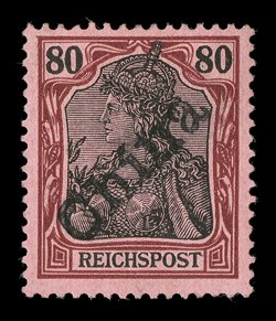 23, 1900 80pf Lake and black on rose, with diagonal China handstamped overprint, an attractive mint example of this very scarce stamp, with gloriously rich colors on fresh
paper, nicely centered, large part o.g., very fine signed Bloch and ac