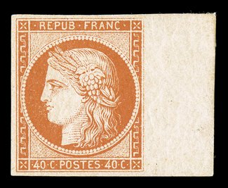 7a, 1850 40c Orange vermilion on yellowish, Ty. I, a gorgeous right sheet-margin mint example, with large even margins on the other three sides, eye-catching intense color and
impression on exceptionally fresh paper, full clean original gum that