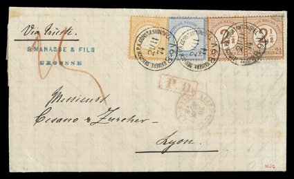 Michel V18, V20, V29, ½gr Orange, 2gr Ultramarine and 2½gr on 2½gr Brown Large Shields, latter a horizontal pair, right stamp tear in top right corner, all with especially rich
color and nicely centered, tied to a wonderfully fresh visually st