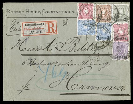 Michel V41a, V42a, 10 Pfennig Rose and 20 Pfennig Ultramarine, an incredible mixed issue franking in combination with 10pa on 5pf Violet, 20pa on 10pf Rose, 1Pi on 20pf
Ultramarine, 1½Pi on 25pf Orange brown and 2½Pi on 50pf Gray (Michel 1-