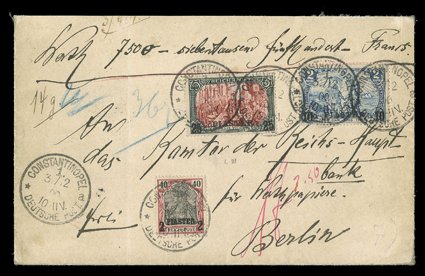 Michel 17, 21I, 23III, 1900 2Pi on 40pf Lake and black, 10Pi on 2M Gray blue and 25Pi on 5M Slate and carmine, Ty. III, a breathtaking franking of these three colorful values
on a smaller registered cover, as opposed to the usual packet cards, t