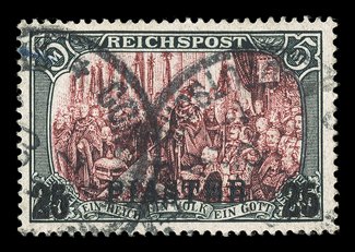 24a, 1900 25Pi on 5M Slate and carmine, Ty. I, double surcharge Ty. I, an incredibly rare used example of this sought-after rarity, very well centered, with deep rich color,
full even perforations and completely free of the faults you might expe