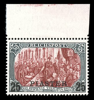 24B, 1900 25Pi on 5M Slate and carmine, Type II, an incredibly fresh top sheet-margin mint single, choice centering, gloriously rich colors, o.g., n.h., extremely fine and
handsome (Michel 23I II Ç650).