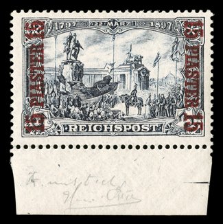 Michel VI I, 1902-04 15Pi on 3M Black violet, Ty. I, unissued value, a gorgeous bottom sheet-margin example of this rare and sought-after value, being in a fabulous post office
fresh state of preservation, with choice centering and deep rich c