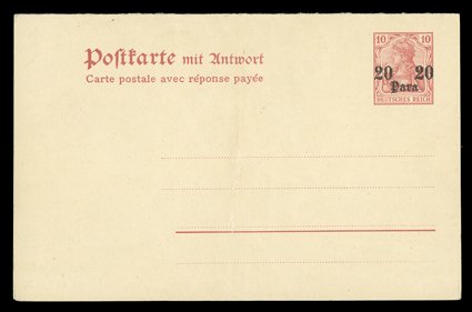 Michel P15, 1908 20pa on 10pf Carmine paid reply postal card, for international mailing, folded but intact, small vertical scuff on face, otherwise very fine the rarest item in
all German Offices in Turkey postal stationery, with less than fi