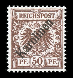 6a, 1899 50pf Red brown, with diagonal Karolinen overprint at a 48 degree angle, post office fresh mint single, beautifully centered, sumptuously rich color on immaculate
paper, unblemished o.g., n.h., extremely fine (Michel 6 I Ç1,800).