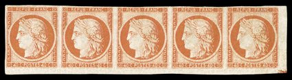 7f, 1850 40c Orange on yellowish, Ty. II, the unique bottom right corner margin combination horizontal strip of five, the left pair Ty. II showing the retouched wide 4 and the
right three stamps the normal Ty. I (Scott 7), with mostly ample m
