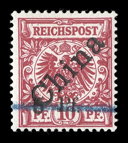 5, 1900 10pf Carmine, with diagonal China overprint at a 45 degree angle, and with Michel Type 1 5 Pf. surcharge, fresh mint example of this very scarce stamp, rich color on
crisp white paper, o.g., lightly hinged, fine and scarce only 1,70