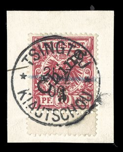 7, 1900 10pf Carmine, with diagonal China overprint at a 45 degree angle, and with Michel Type 3 5 Pf. surcharge and additional 5 handstamped surcharge, an extremely desirable
bottom interpane gutter margin single, well tied to piece by pe