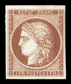 8, 1849 1Fr Vermilion on yellowish, a truly extraordinary mint example of this world famous classic rarity, being in a quality with which few (if any) other mint examples can
compare, as the single offered here possesses exceptional physical cha