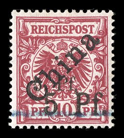 9, 1900 10pf Carmine, with diagonal China overprint at a 45 degree angle, and with Michel Type 3 5 Pf. surcharge and additional large 5 Pf. handstamped surcharge, a select mint
example of this rare stamp, remarkably fresh, vivid rich color
