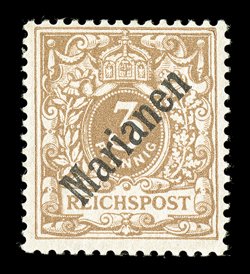 11a, 1899 3pf Light brown, with diagonal Marianen overprint at a 48 degree angle, bright and fresh, o.g., barest trace of hinging, fine and scarce only 1,000 stamps were issued
signed Bothe (Michel 1 I Ç2,400).