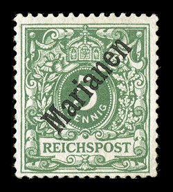 12a, 1899 5pf Green, with diagonal Marianen overprint at a 48 degree angle, strong fresh color on clean paper, o.g., lightly hinged, couple of natural gum bends, fine and
scarce only 1,000 stamps were issued signed Bothe, Ebel and Richter, a