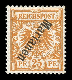 15b, 1900 25pf Orange, with diagonal Marianen overprint at a 56 degree angle, overprint inverted, a fresh and desirable mint example of this rare stamp, beautifully centered,
radiant rich color on clean white paper, o.g., light h.r., choice ve