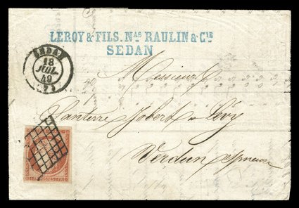 8, 1849 1Fr Vermilion on yellowish, a gorgeous single with particularly large margins all around, intense color and a detailed impression, tied by neatly struck mute lozenge
grid to a very fresh partially printed invoice to Verdun sur Meuse, bol