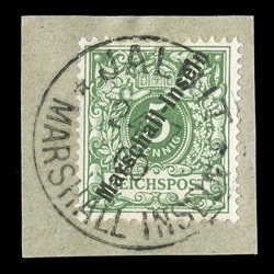 2a, 1897 5pf Green, with Marschall-Inseln overprint, Jaluit printing, well centered single tied to piece by full strike of JaluitMarshall Inseln24 7, 00 datestamp, fresh and
very fine a very scarce late usage of this stamp with the first