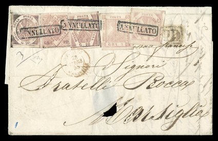 3a, 4a, 5, 6, 7, 1858 2g Rose lake to 50g rose lake, plate 1, singles of each in a remarkable franking of this issue, all with clear to mostly large margins all around, except
10g just touching at lower left, tied to each other by three strikes