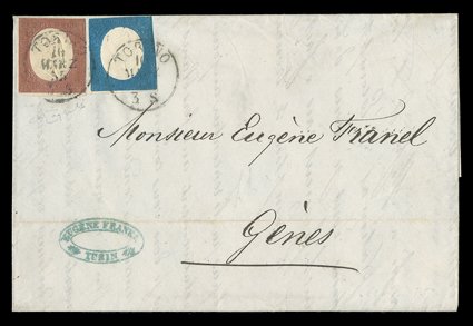 8-9, 1854 20c Blue and 40c Rose, singles of each in a lovely franking of this issue, tied to fresh 1855 folded letter by twice struck Torino10 Marz 55 datestamp, backstamped at
Genoa the next day, neat blue company oval handstamp, the 20c has