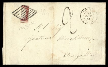 13h, 1860 40c Carmine, half used as 20c, the right vertical half, very well tied to large part of 1861 folded cover (a portion of each back flap is present, but the central
portion of the back has been removed) to Senigallia by bold strike of lo