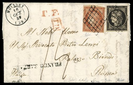 8, 1849 1Fr Vermilion, single with intense color, ample to large margins except where close but clear at top right, tied along with 20c Black on yellowish (3, mostly large
margins to touching at top right) by two strikes of mute lozenge grid to