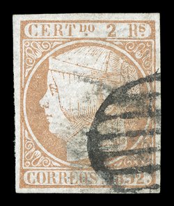 14, 1852 2R Pale red, an attractive used single of this scarce stamp, with four large margins, bright color on fresh white paper, circular grid cancel, very fine signed
Pfenninger (Edifil 14 Ç6,500).
